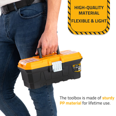 Plastic Toolbox, 13-inch Portable Plastic Tool Box with Metallic Clutch, Small Tool Box Tool Organizer with Extra Storage Tray for Home Tools, Nails and Pins, Black-Yellow